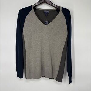 Chaps Classics Womens Colorblock V-Neck Cotton Modal Sweater XL Gray Navy Preppy